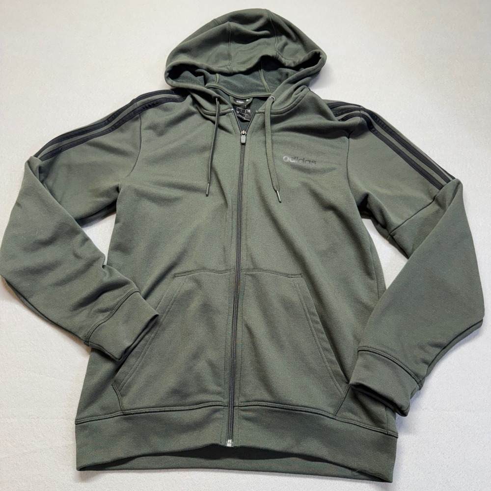 Adidas Mens Olive Green 3-Stripe Full Zip Hoodie Sweatshirt FN2745 Size M